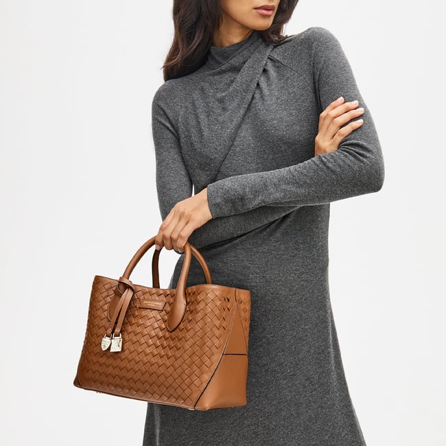 Midi London Tote Tan Woven Leather
