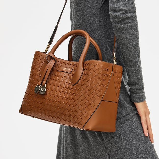 Midi London Tote Tan Woven Leather