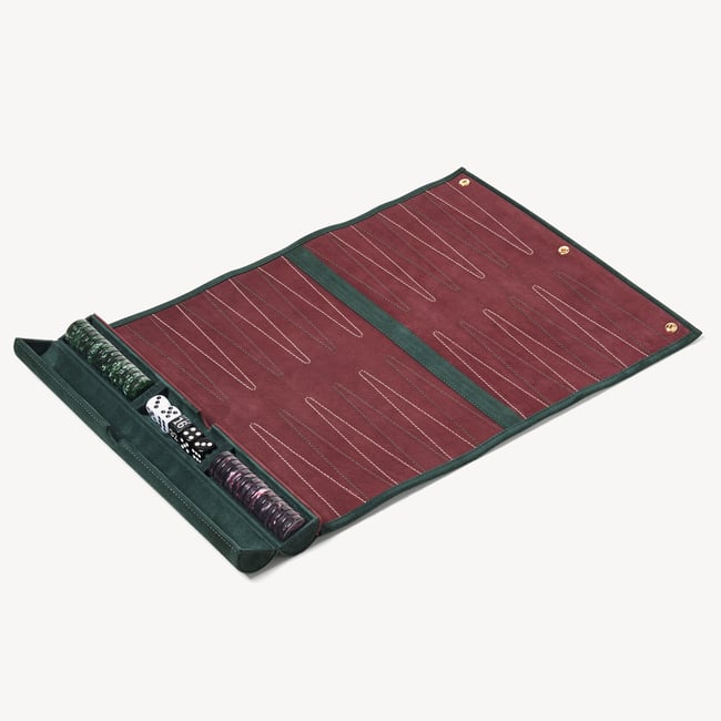 Travel Backgammon Set Alpine Green & Burgundy Suede