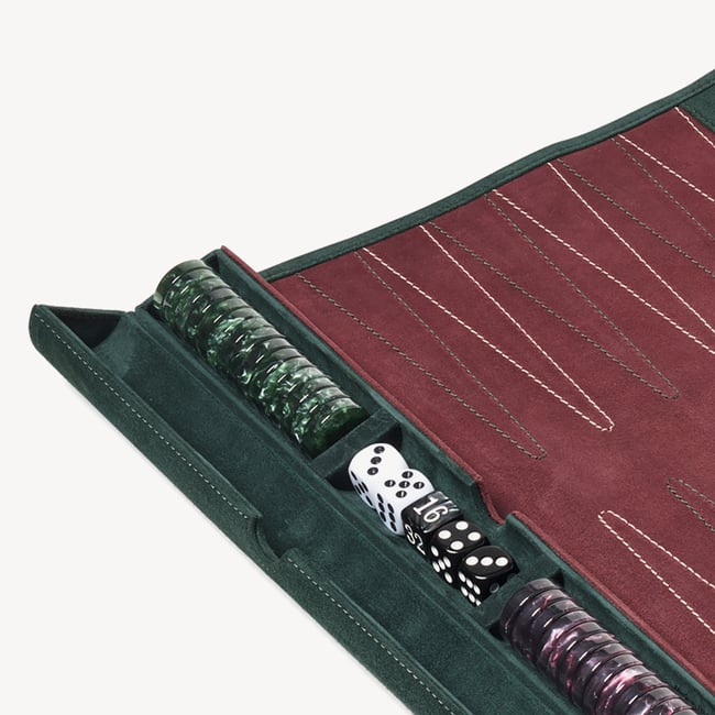 Travel Backgammon Set Alpine Green & Burgundy Suede