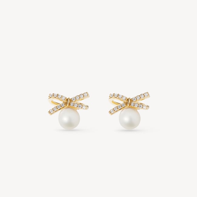 Diamond & Pearl Bow Stud Earrings 0.16ct Diamond