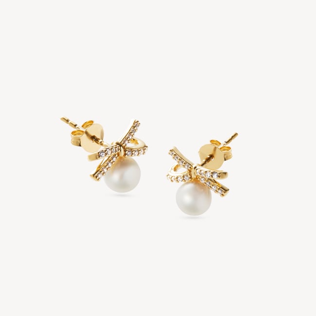 Diamond & Pearl Bow Stud Earrings 0.16ct Diamond