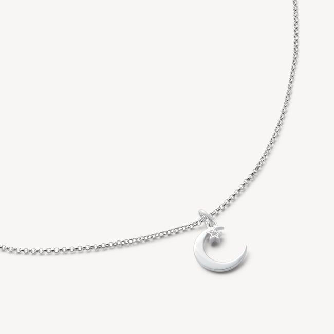 Crescent Moon & Star Pendant Necklace Sterling Silver 925
