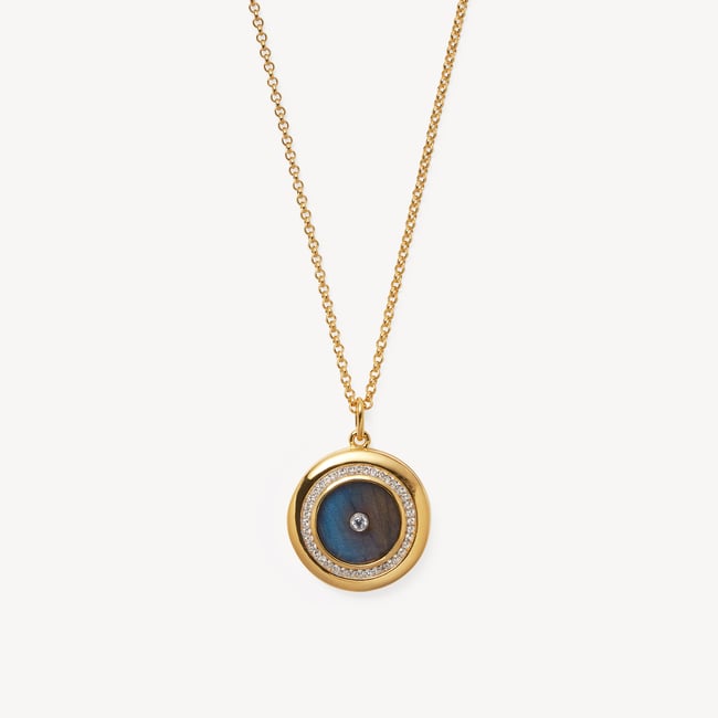 Round Locket Necklace Labradorite, White Topaz & 18ct Gold Vermeil