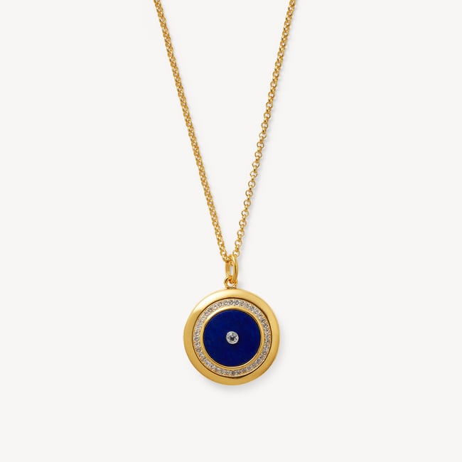 Round Locket Necklace Lapis Lazuli, White Topaz & 18ct Gold Vermeil