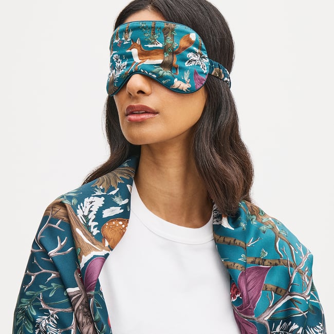 Silk Eye Mask Set Peacock Blue Woodland Pure Silk