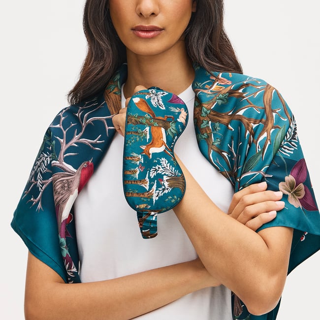 Silk Eye Mask Set Peacock Blue Woodland Pure Silk