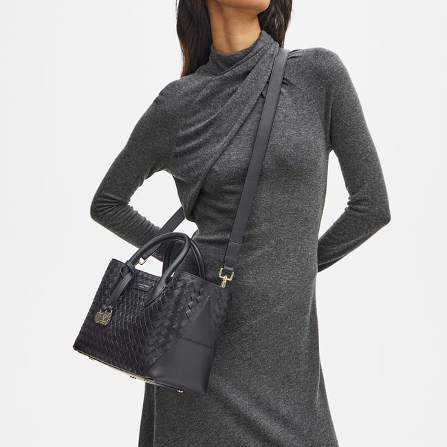 Midi London Tote Black Woven Leather