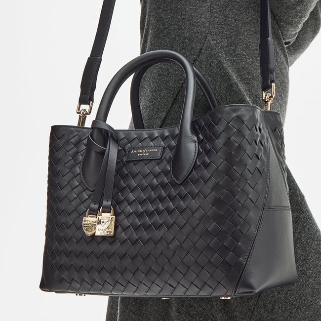 Midi London Tote Black Woven Leather