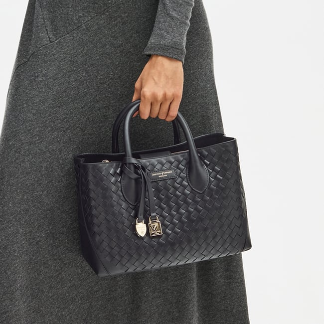 Midi London Tote Black Woven Leather