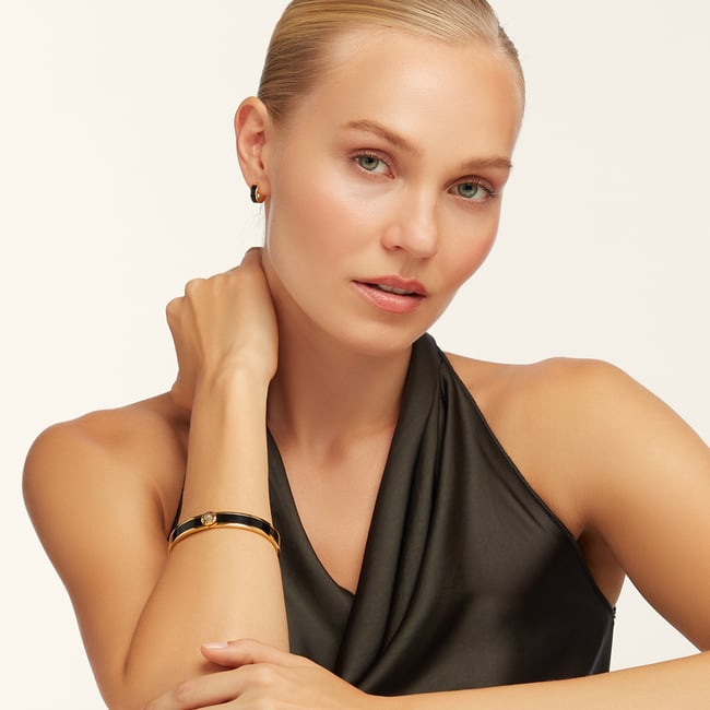 Gemstone Enamel Bangle Black Enamel, Labradorite & 18ct Gold Plated