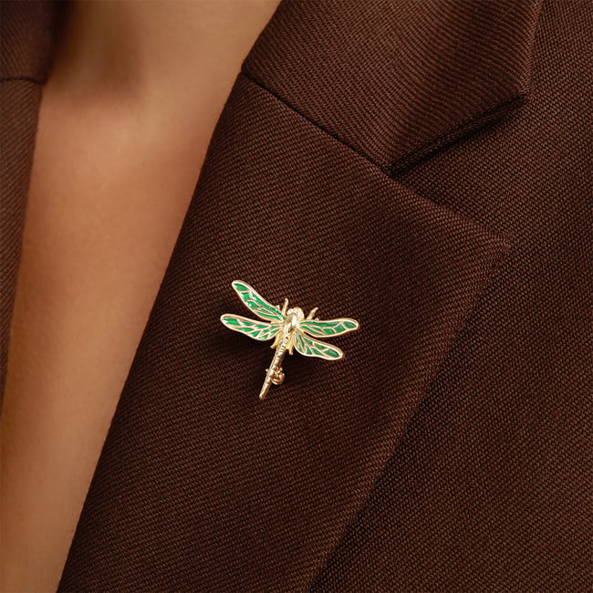Dragonfly Brooch Green Enamel & 18ct Gold Plated