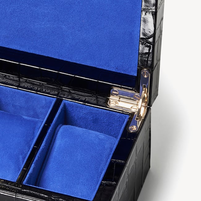 Five Piece Watch Box Deep Shine Black Croc & Cobalt Blue Suede