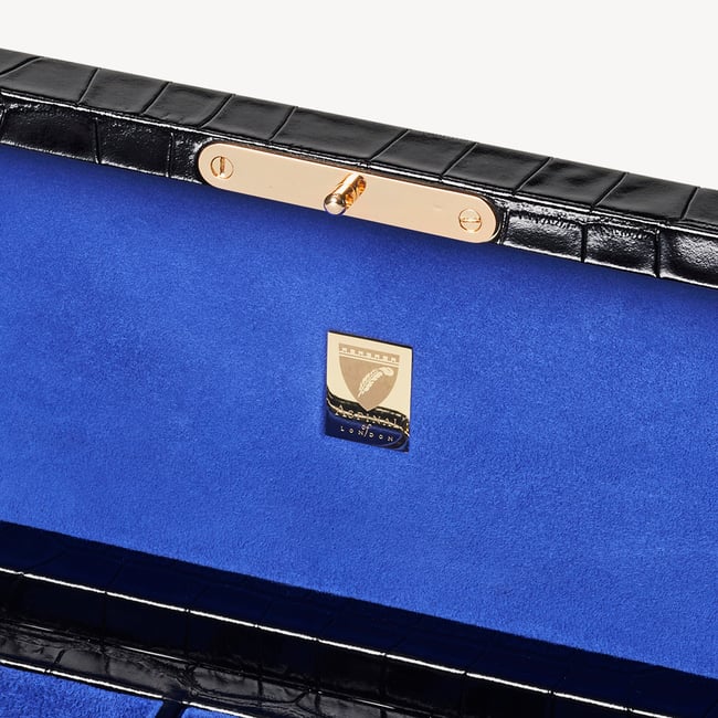 Five Piece Watch Box Deep Shine Black Croc & Cobalt Blue Suede