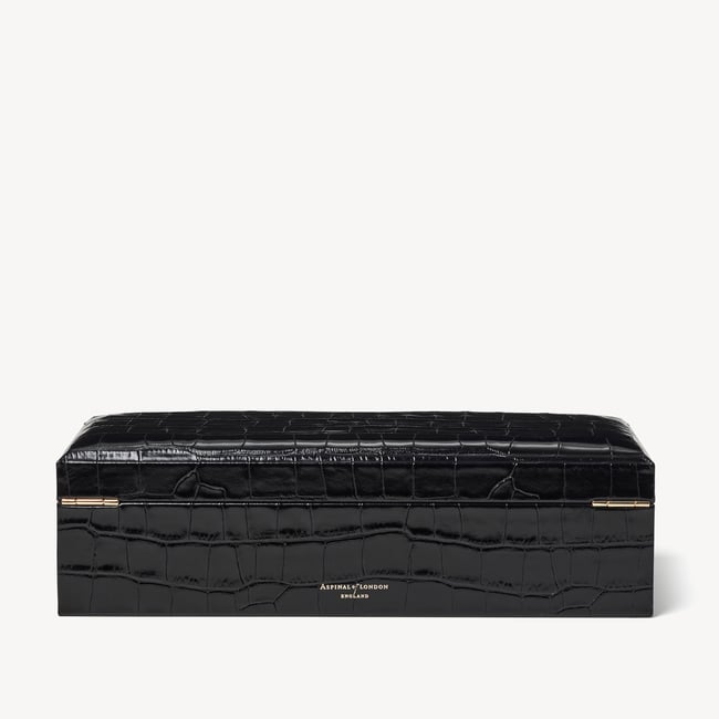 Five Piece Watch Box Deep Shine Black Croc & Cobalt Blue Suede