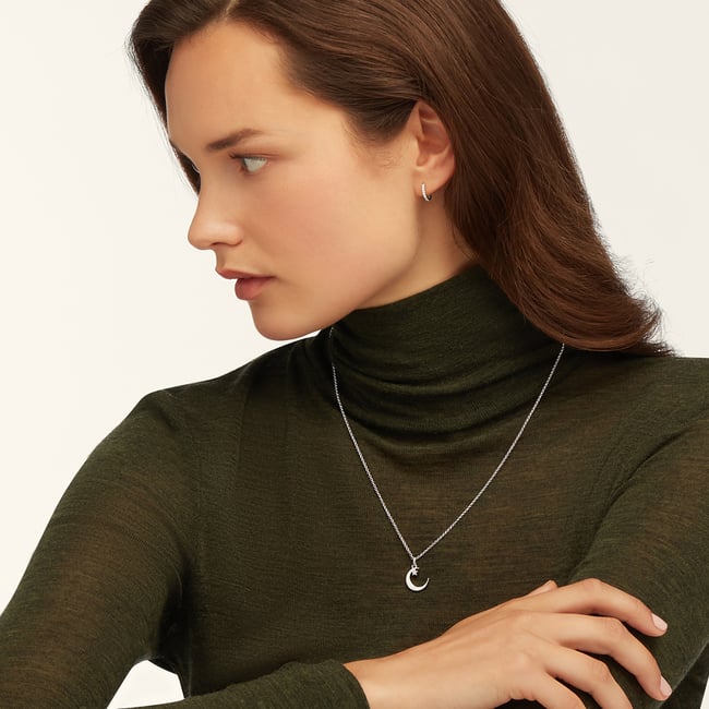 Crescent Moon & Star Pendant Necklace Sterling Silver 925