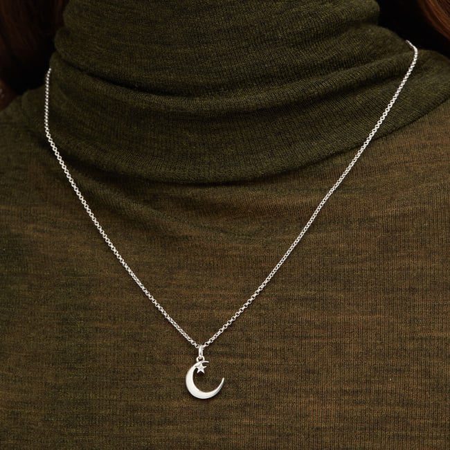 Crescent Moon & Star Pendant Necklace Sterling Silver 925