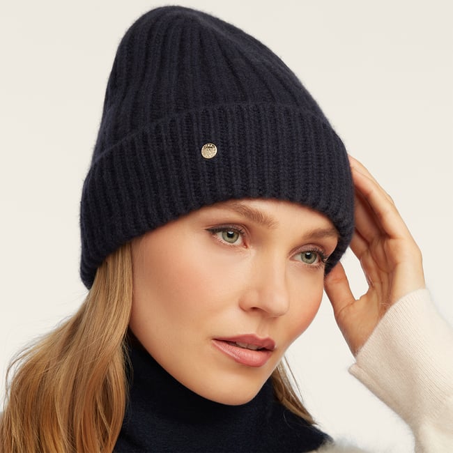 Chunky Ribbed Cashmere Beanie Hat Navy Cashmere