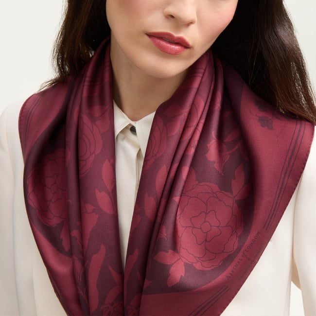 Lancashire Rose Silk Scarf Burgundy Pure Silk