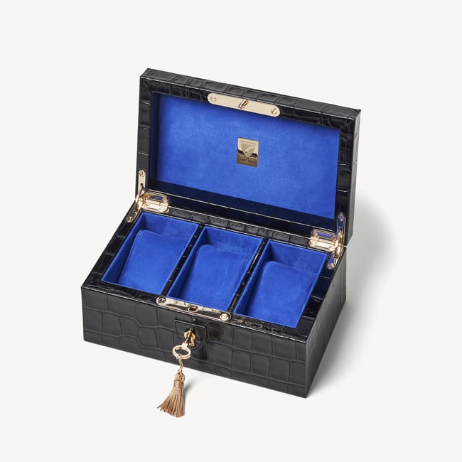 Three Piece Watch Box Deep Shine Black Croc