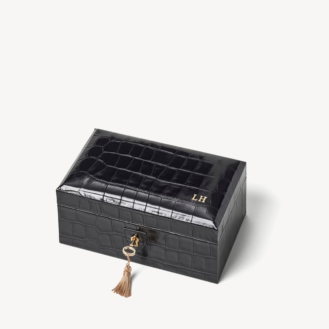 Three Piece Watch Box Deep Shine Black Croc