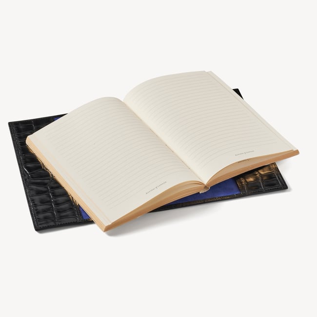 A5 Refillable Luxury Journal Deep Shine Black Croc with Soft Suede Lining