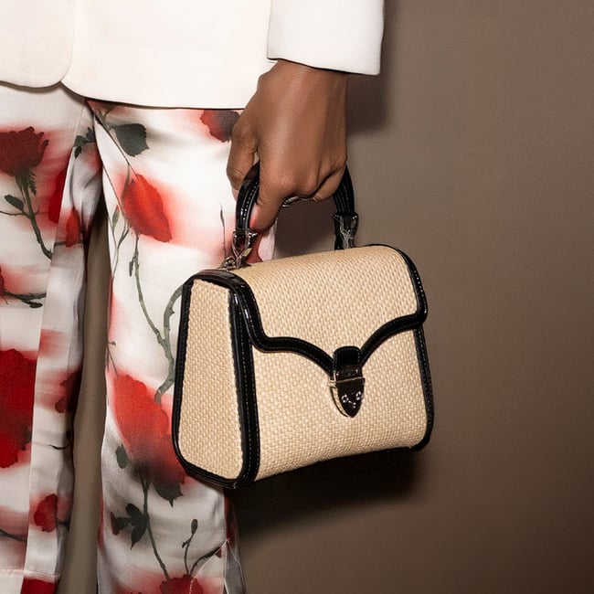 Midi Mayfair® Natural Raffia with Black Patent Trim