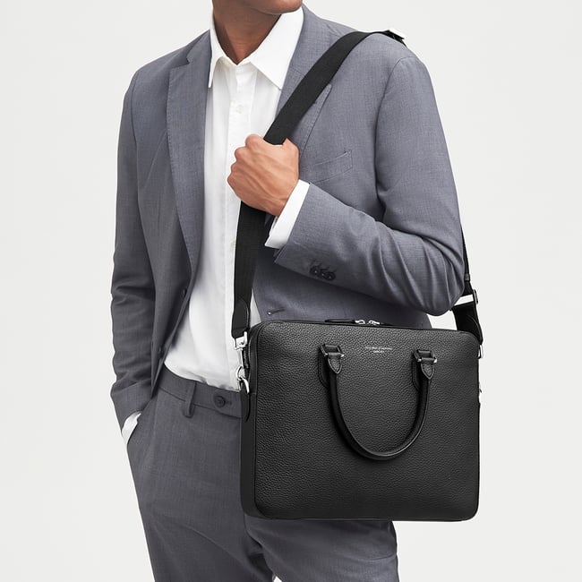 Slim Leather Briefcase Black Pebble