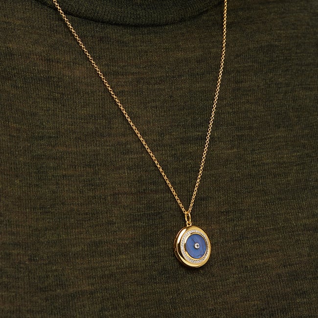Round Locket Necklace Labradorite, White Topaz & 18ct Gold Vermeil