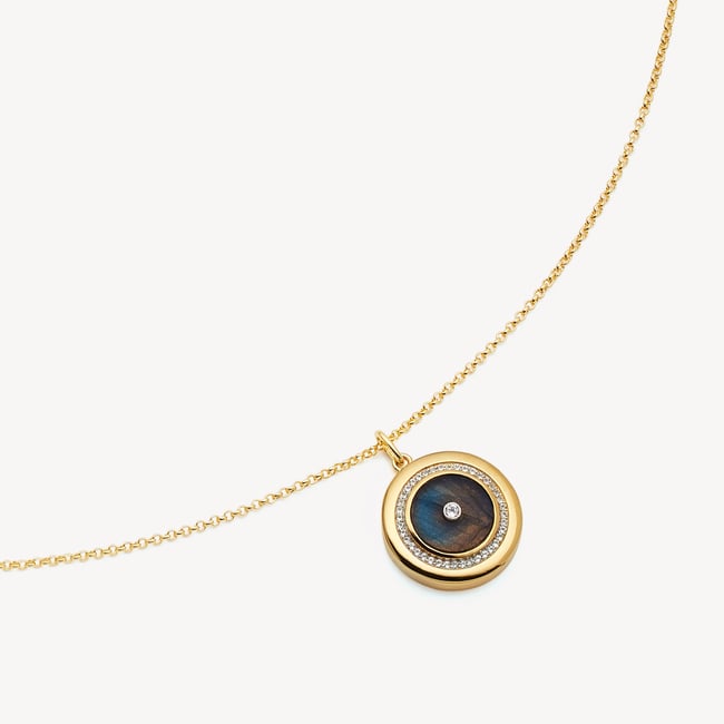 Round Locket Necklace Labradorite, White Topaz & 18ct Gold Vermeil