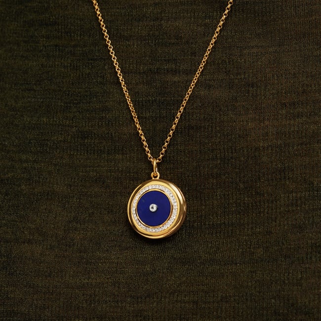 Round Locket Necklace Lapis Lazuli, White Topaz & 18ct Gold Vermeil