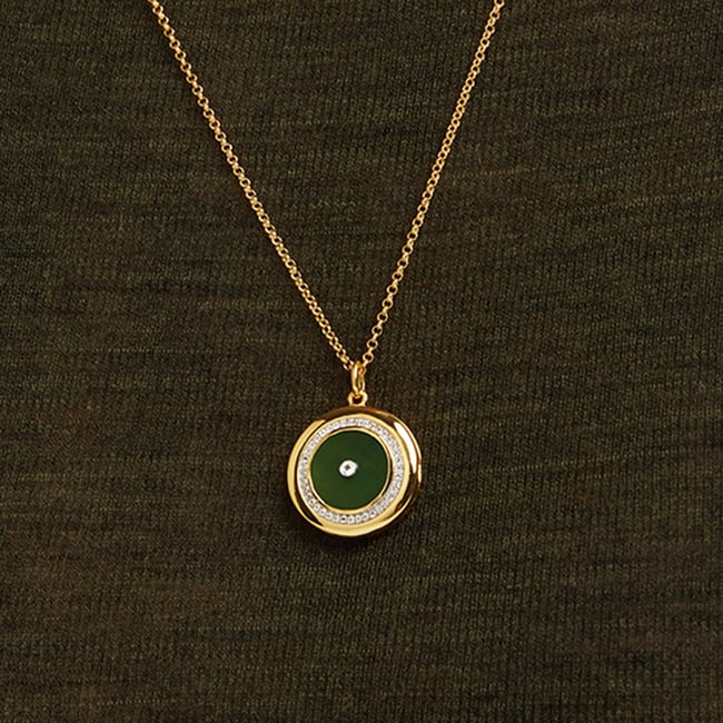 Round Locket Necklace Green Aventurine, White Topaz & 18ct Gold Vermeil