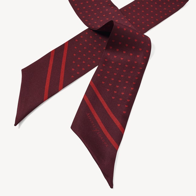 Skinny Silk Scarf Cherry Red Hearts Pure Silk