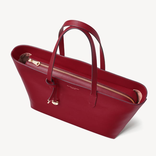 Zipped East West Tote with Heart Shaped Lock & Key Charm Cherry Red Soft Saffiano