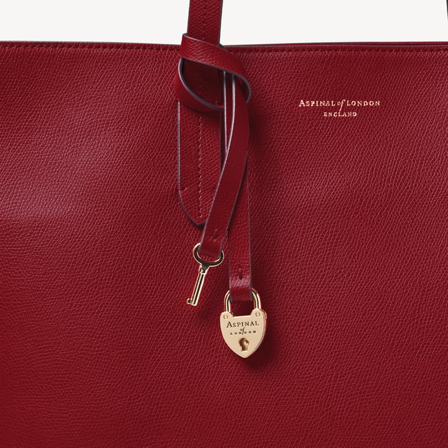 Zipped East West Tote with Heart Shaped Lock & Key Charm Cherry Red Soft Saffiano