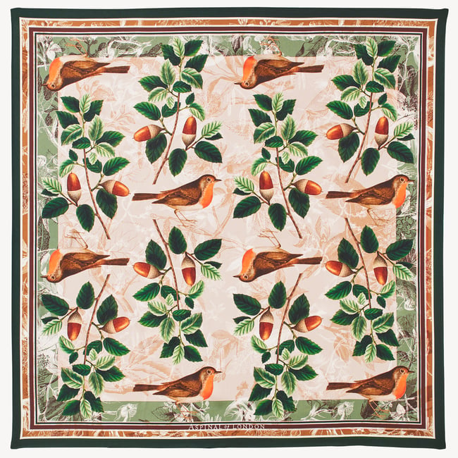 Robin & Acorn Silk Scarf Green & Brown Pure Silk