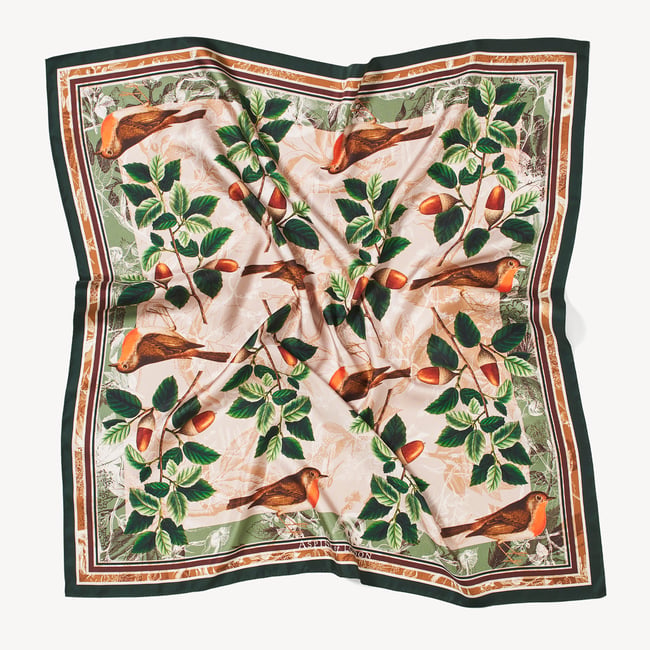 Robin & Acorn Silk Scarf Green & Brown Pure Silk