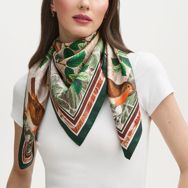 Robin & Acorn Silk Scarf Green & Brown Pure Silk
