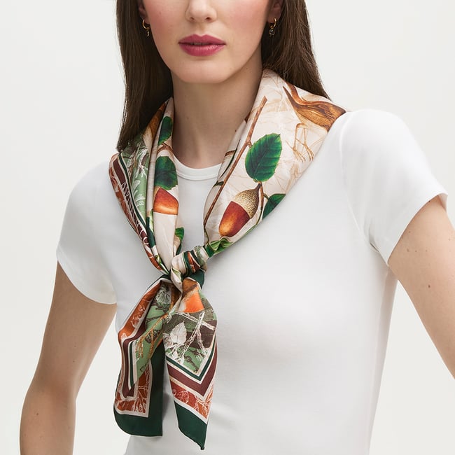 Robin & Acorn Silk Scarf Green & Brown Pure Silk