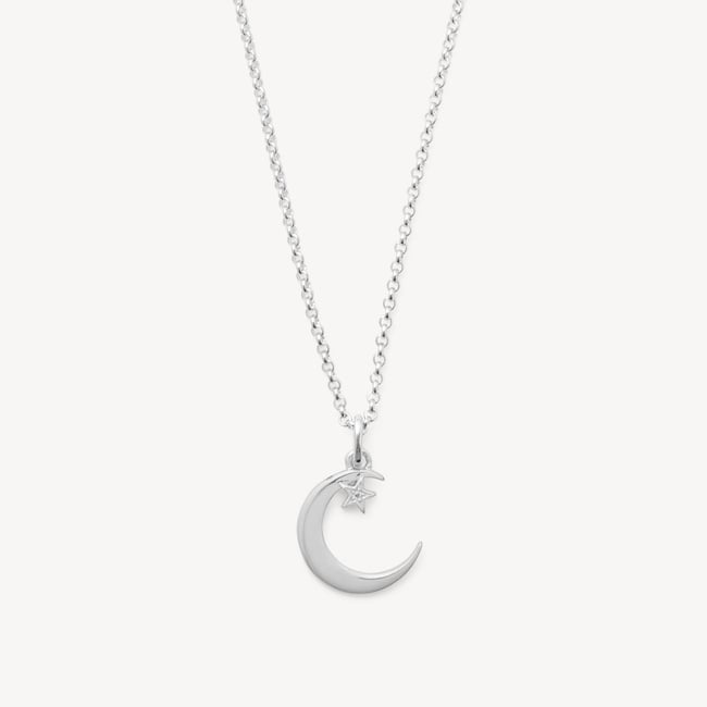 Crescent Moon & Star Pendant Necklace Sterling Silver 925