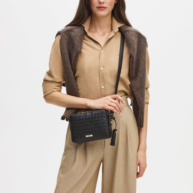 Camera Crossbody Black Woven Leather