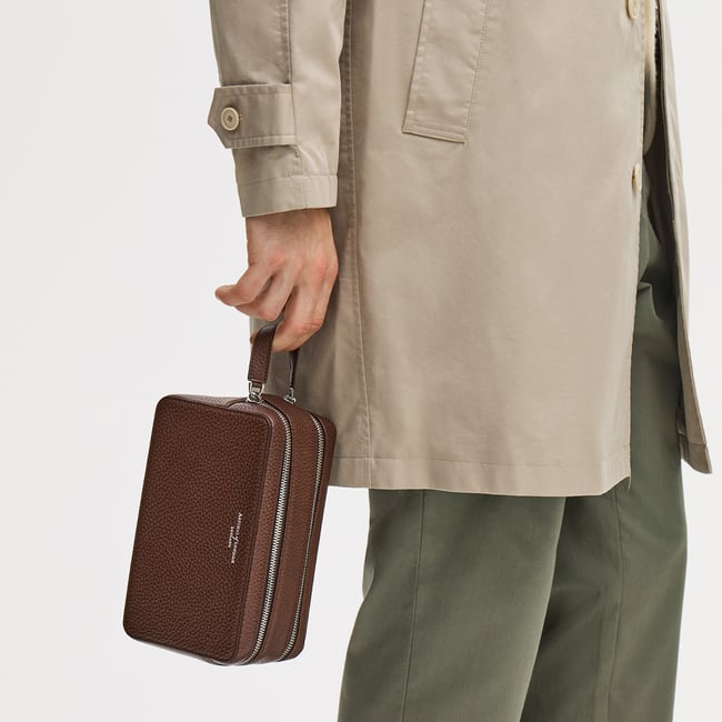 Double Zip Mount Street Wash Bag Tobacco Pebble