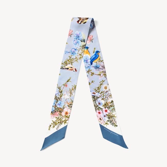 Edwardian Garden Skinny Silk Scarf Sky Blue Pure Silk