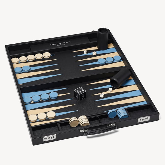 24-inch Grand Backgammon Set Ebony & Sky Blue Pebble