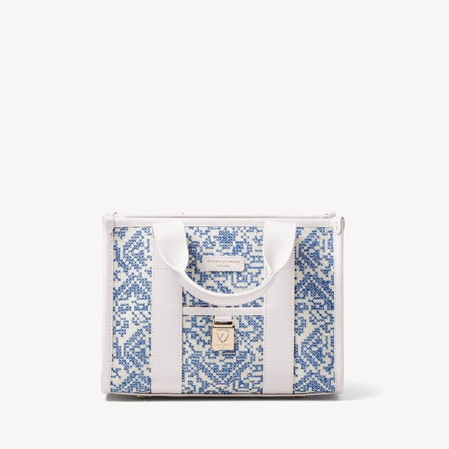 Mini Henley Tote Sky Blue Toile De Jouy Hand Embroidery