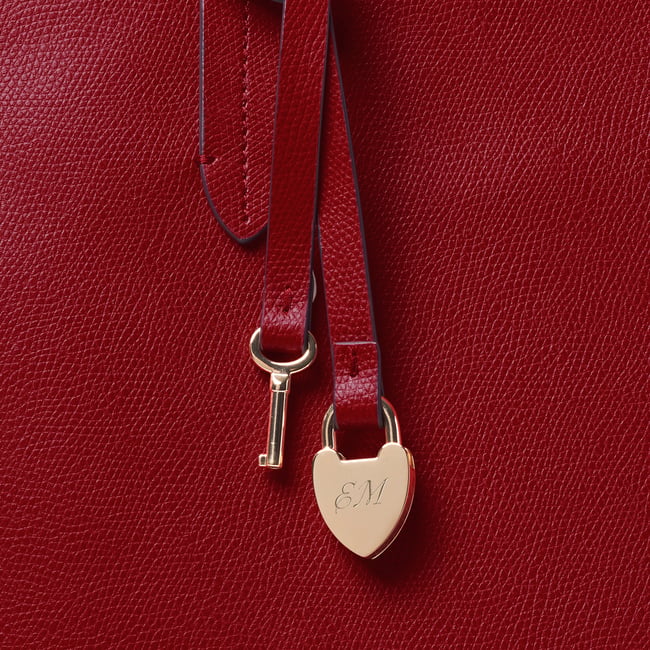 Zipped East West Tote with Heart Shaped Lock & Key Charm Cherry Red Soft Saffiano