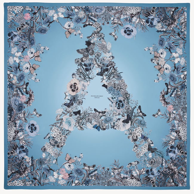 Ombre 'A' Floral Silk Scarf Sky Blue Pure Silk
