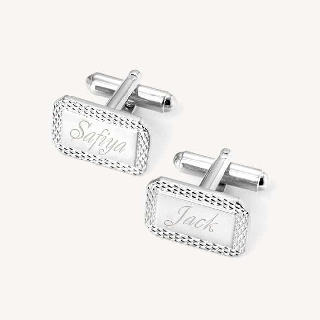 Engraved Edge Rectangular Personalised Cufflinks Rhodium Plated
