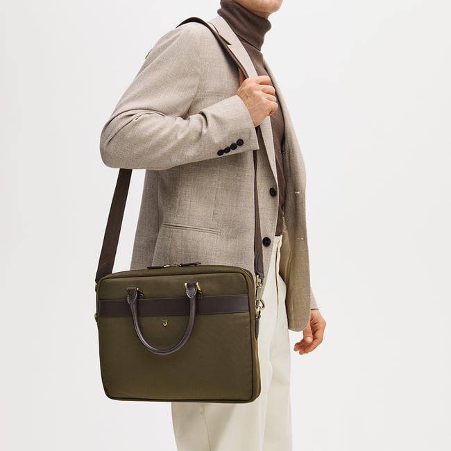 Slim Nylon Briefcase Olive Nylon Canvas with Leather Trim