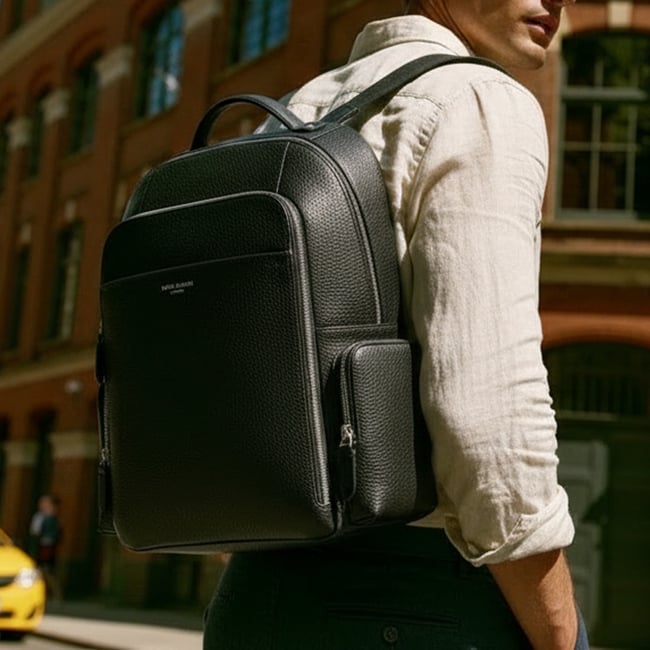 Zipped Leather Backpack Black Pebble